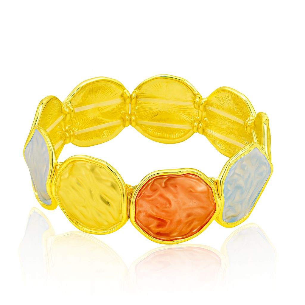 Handcrafted textured gold bracelet featuring colorful enamel art and alloy base