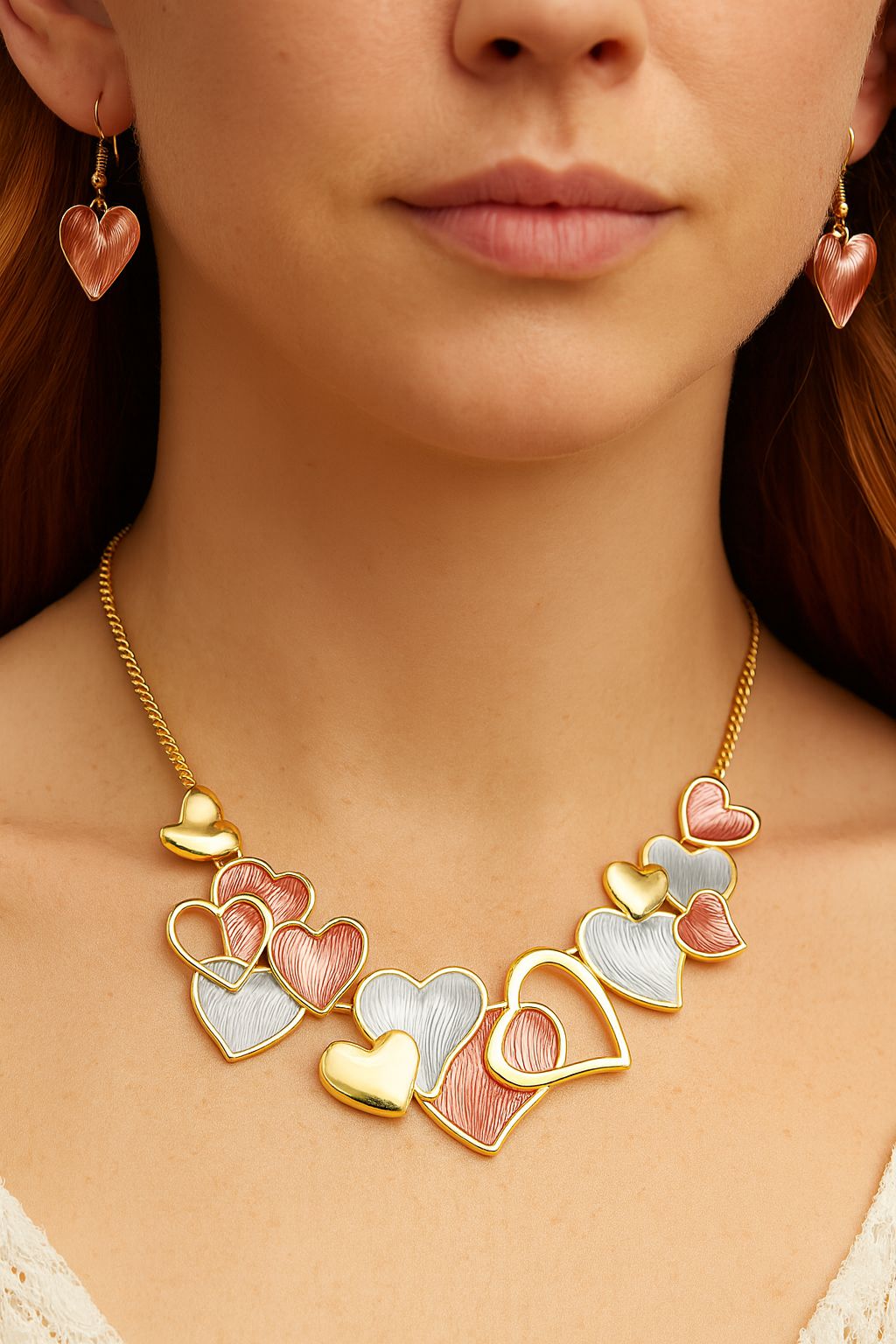 Model wearing heart drop earrings and matching painted necklace