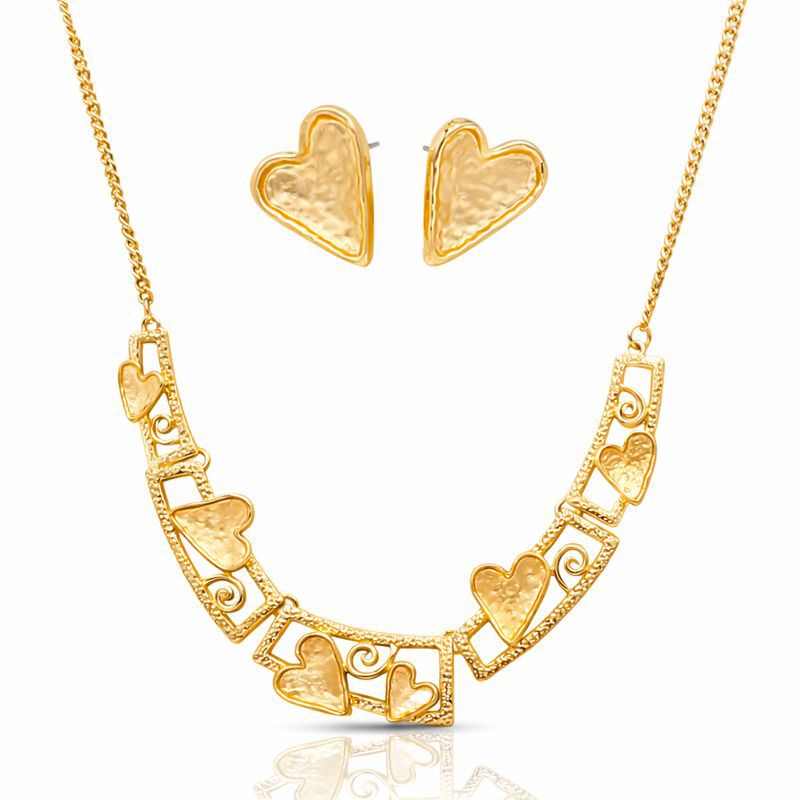 KC gold plated heart necklace and earrings set with hand painted enamel
