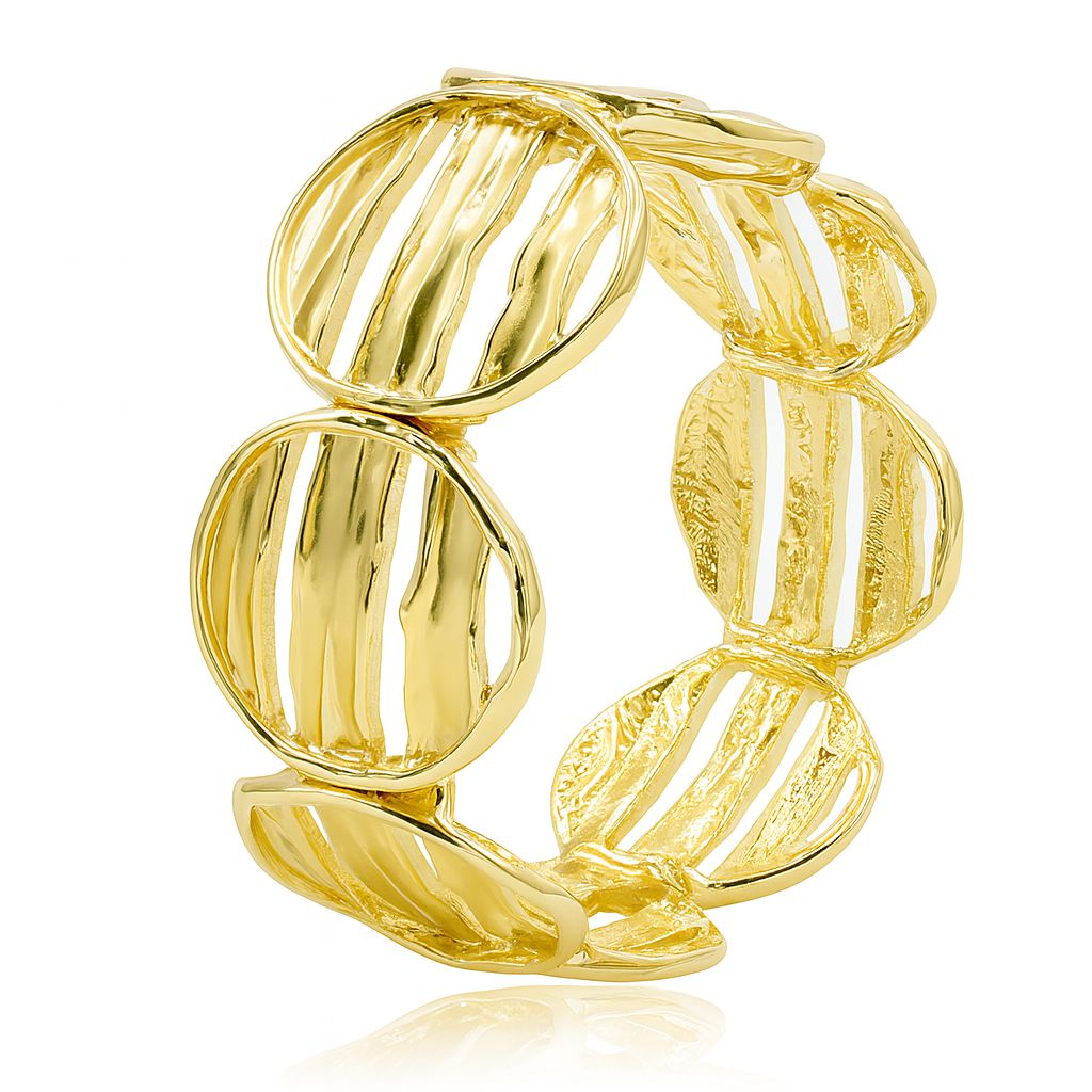 Modern hollow circle bracelet in KC gold-plated alloy with hand-textured design and open circle pattern.