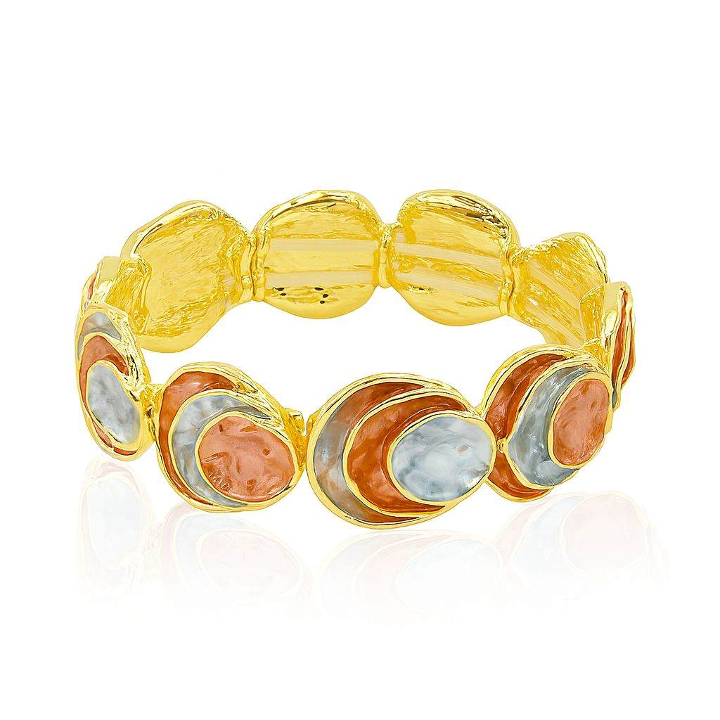 Irregular stone design gold bangle with coral and grey enamel accents – angled view