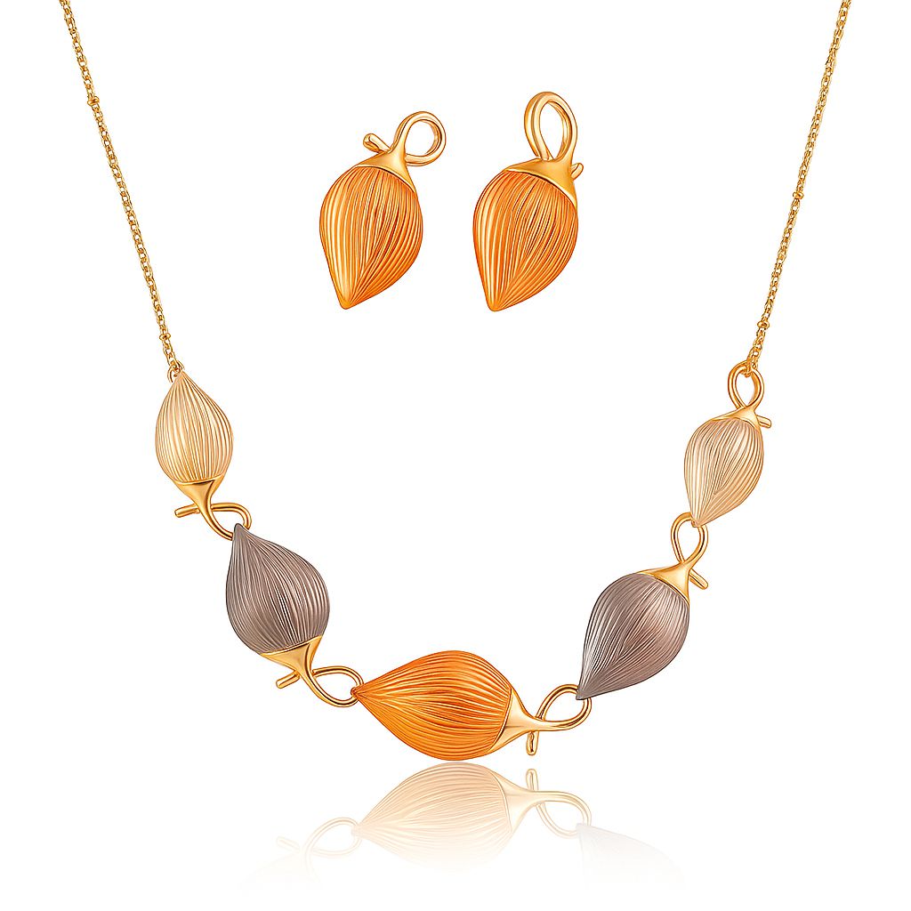 KC gold plated leaf necklace and earrings set with hand painted enamel texture