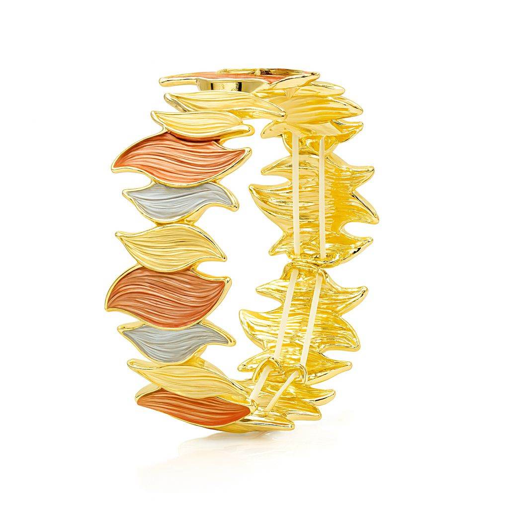 KC gold-plated leaf texture bracelet with hand-painted gold, coral, and silver enamel on alloy links
