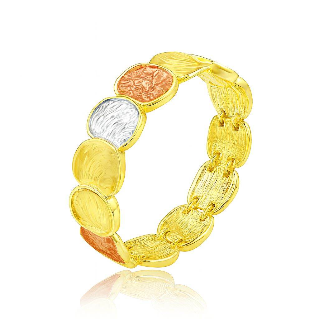 Gold plated textured mixed-color art bracelet with coral, silver, and gold hand-painted accents on stretch KC gold alloy band