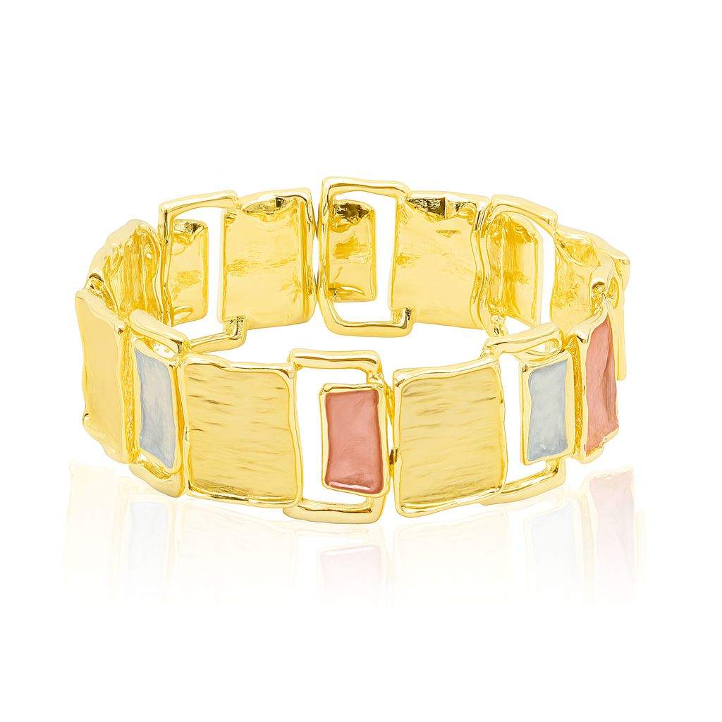 Gold-plated rectangle bracelet with hand-painted coral, silver, and gold abstract charms