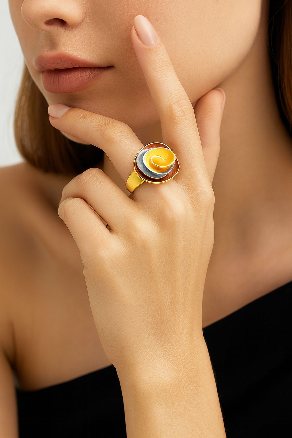 Artistic multi-layer spiral gold ring with enamel details