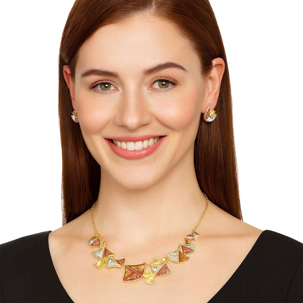 Hand-painted alloy necklace with matching earrings in gold and coral tones