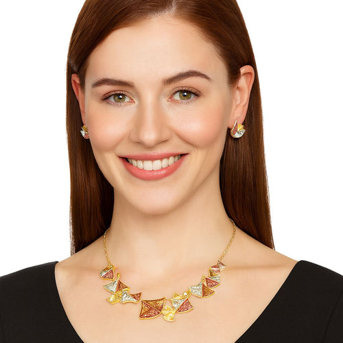 Hand-painted alloy necklace with matching earrings in gold and coral tones