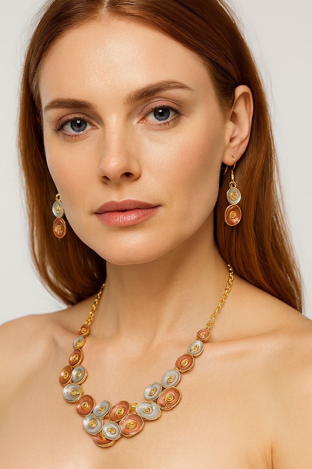 Model wearing artistic KC gold hand-painted necklace for women