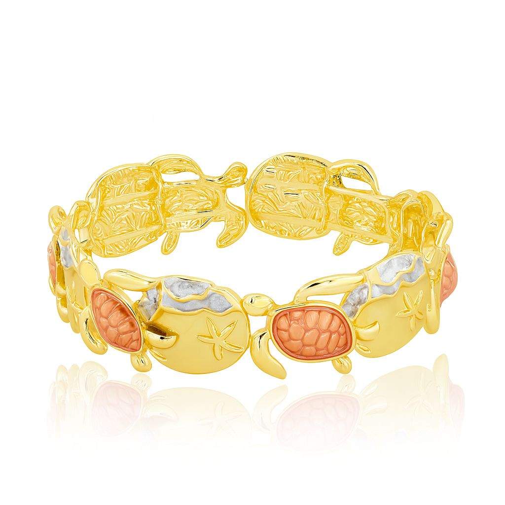 Gold-plated sea turtle bracelet with hand-painted coral and silver ocean details, lightweight and beach-themed jewelry for women