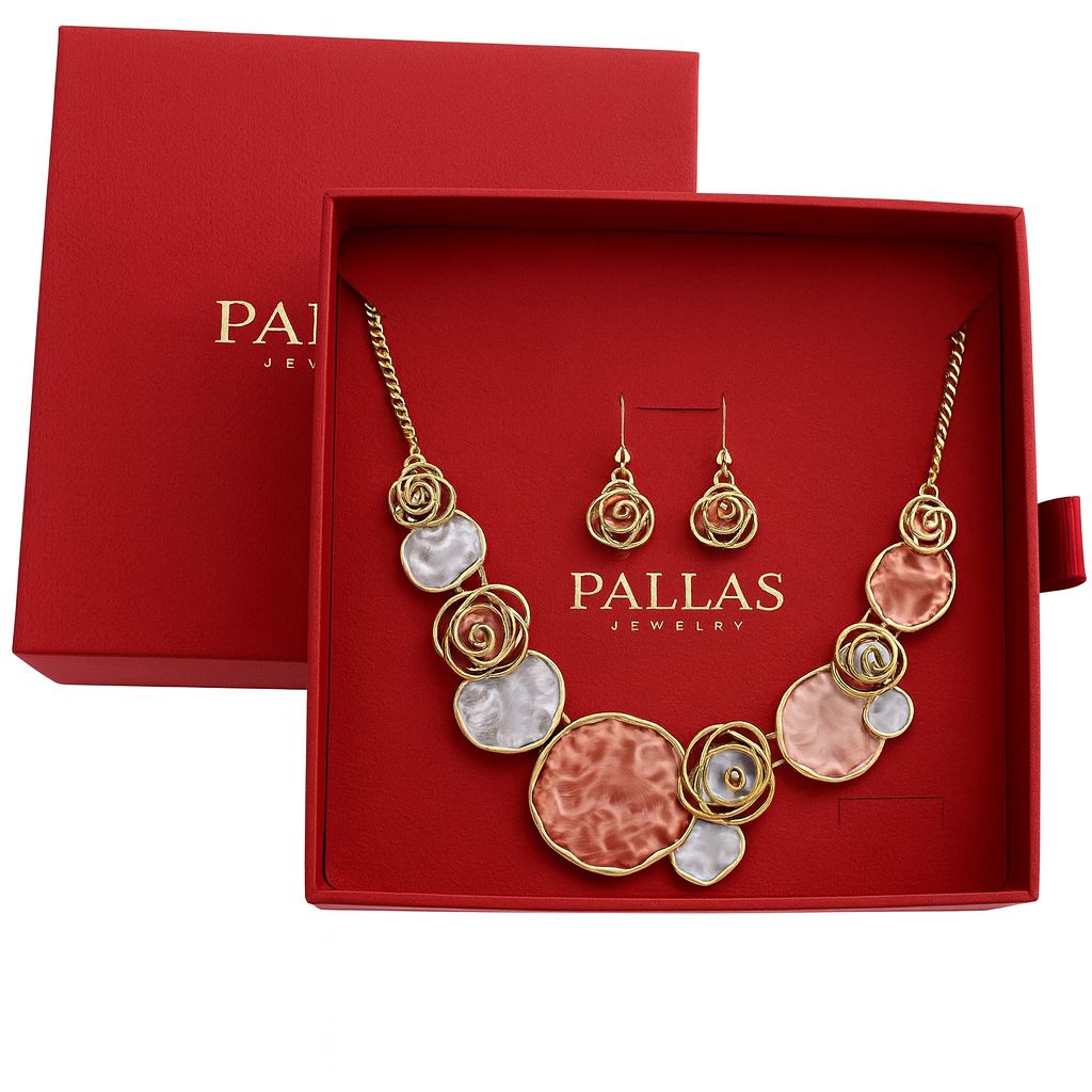Detailed view of textured alloy pendant and matching earrings