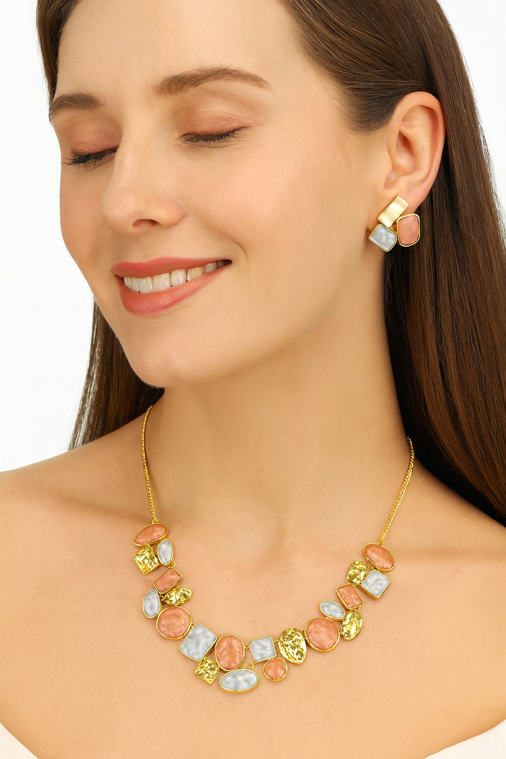 Hand-painted alloy necklace with artistic stones in coral and pearl tones