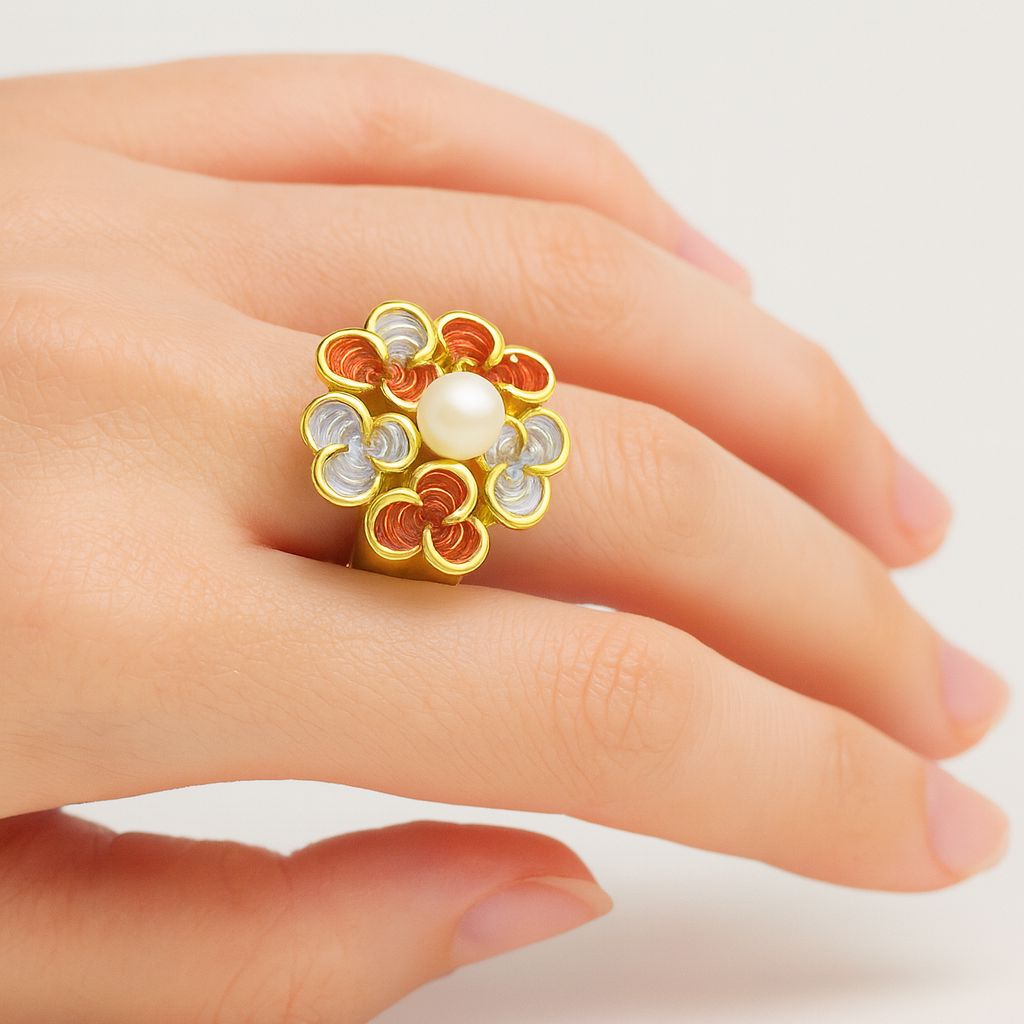 KC gold adjustable flower statement ring with pearl