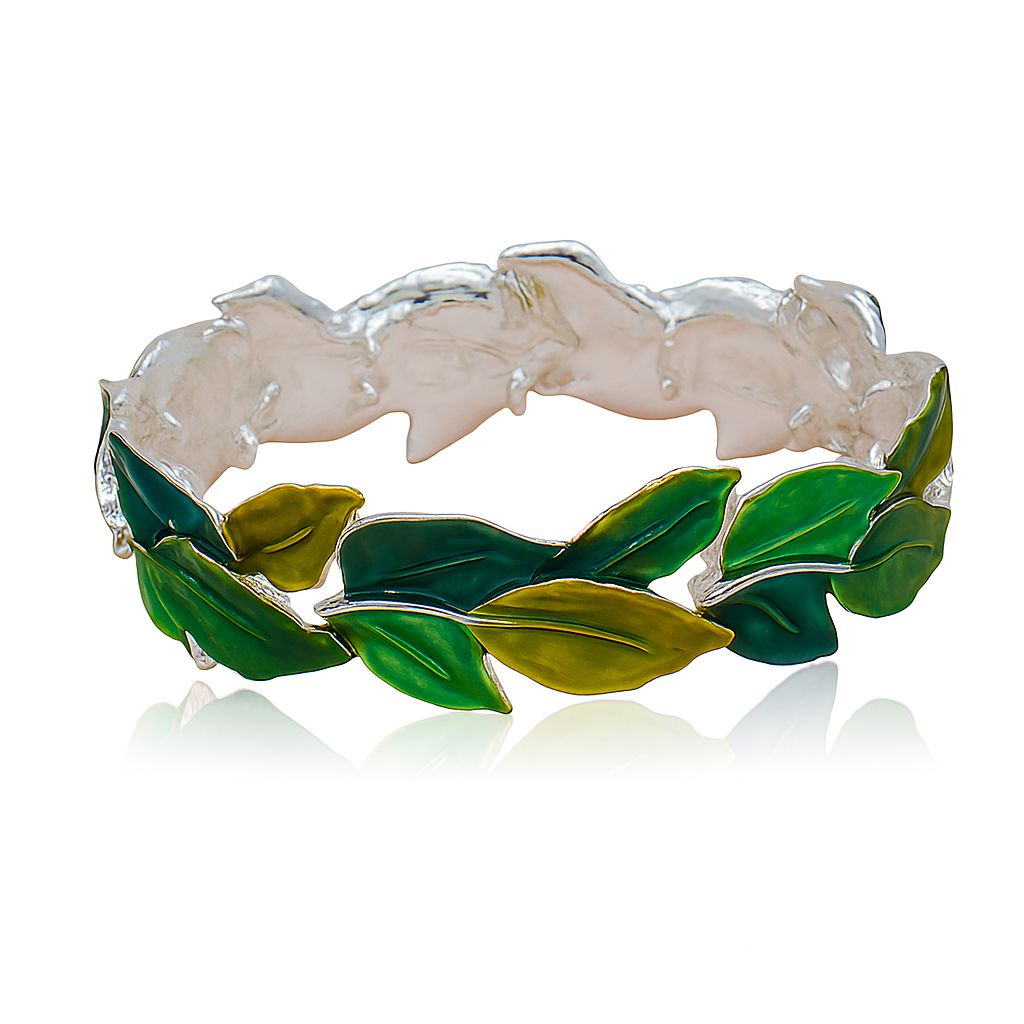 KC gold plated alloy leaf bracelet worn on wrist, colorful enamel finish
