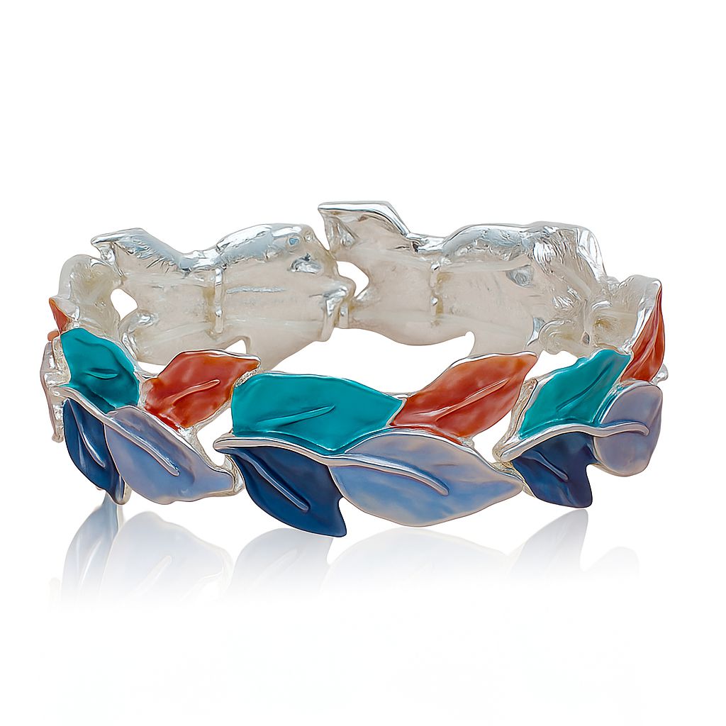 KC gold plated alloy leaf bracelet worn on wrist with enamel details