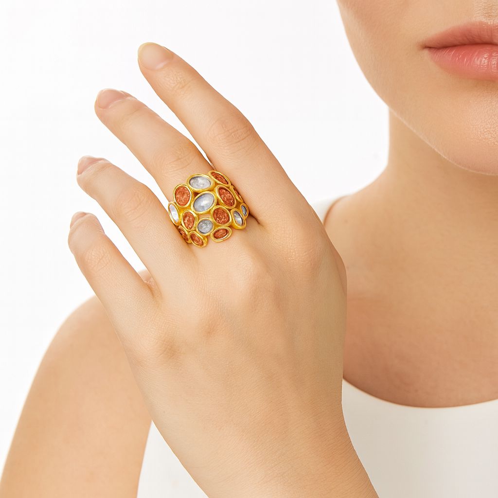 KC gold plated adjustable ring with textured enamel details