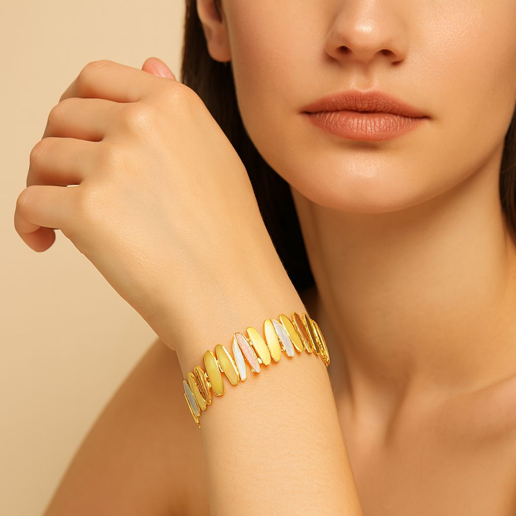 Modern enamel statement bracelet in gold, white and copper