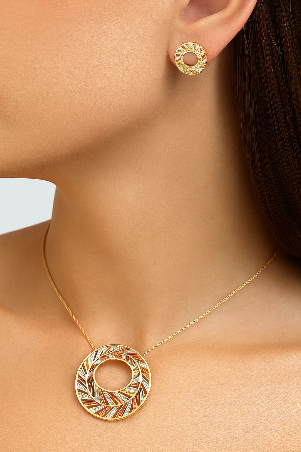 Gold Circle Pendant Necklace and Earrings Set – Hand-Painted Enamel, KC Gold Plated Alloy Jewelry, Textured Round Statement Gift Set