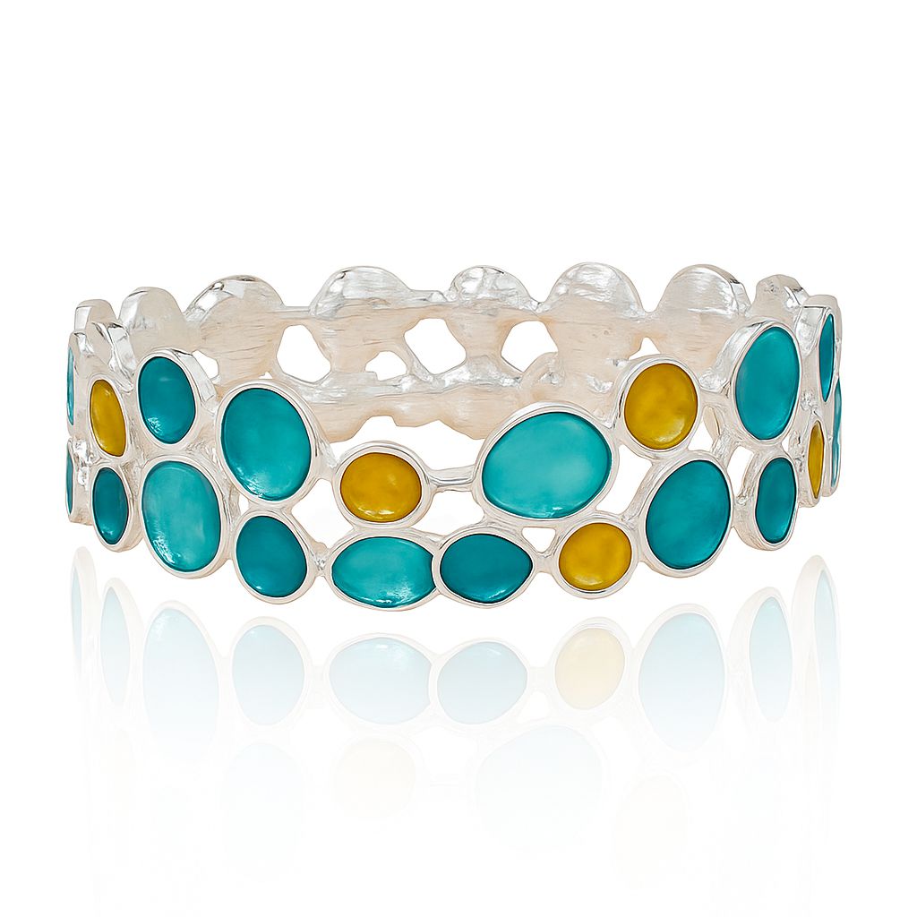 Side view of colorful boho-style enamel bracelet for women
