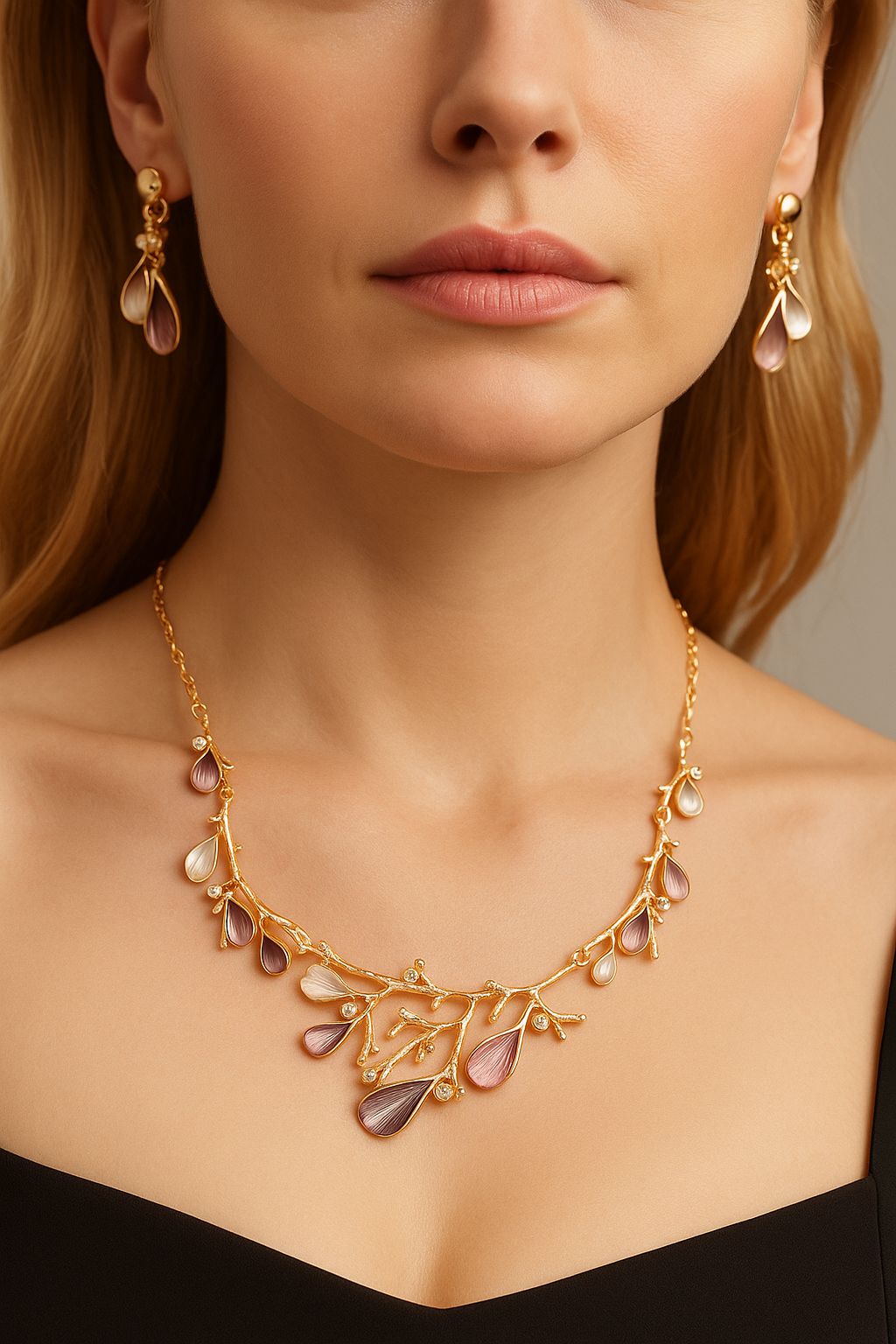 Hand-painted enamel branch necklace with KC gold plating