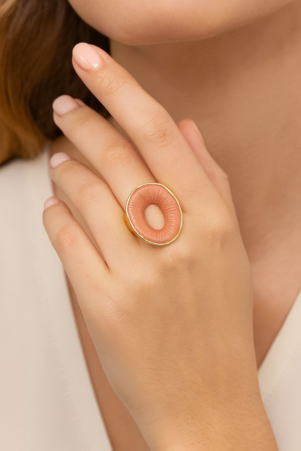 KC gold plated women's circle ring with hand-painted enamel texture