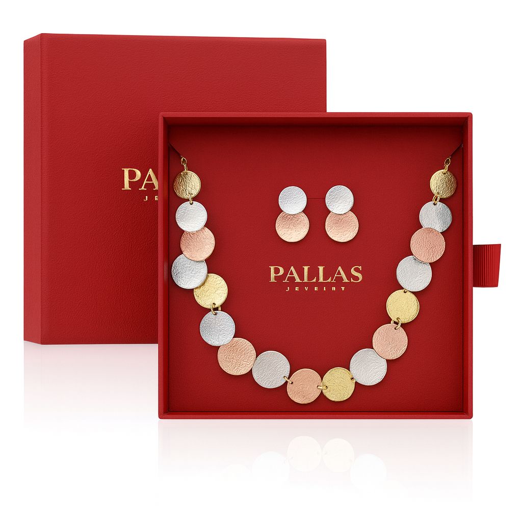 “PALLAS Jewelry gift box with gold plated textured disc necklace and earrings set”