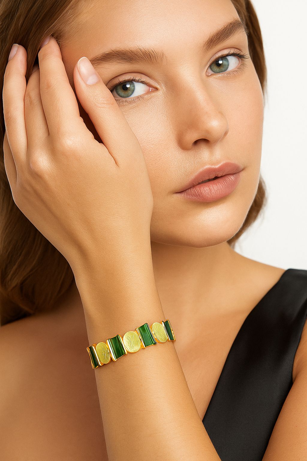 KC gold plated enamel bangle with textured leaf design