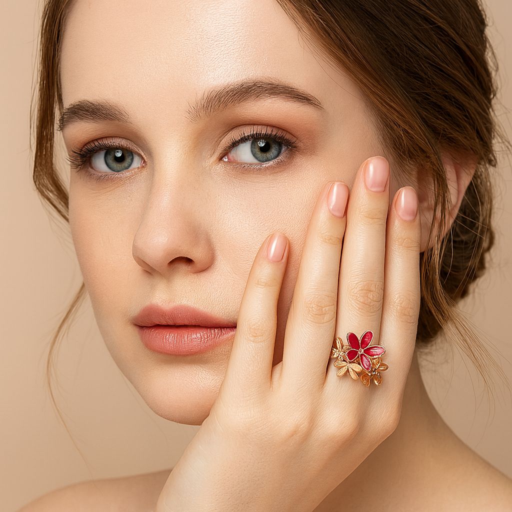 KC gold plated enamel flower ring with artistic petal design