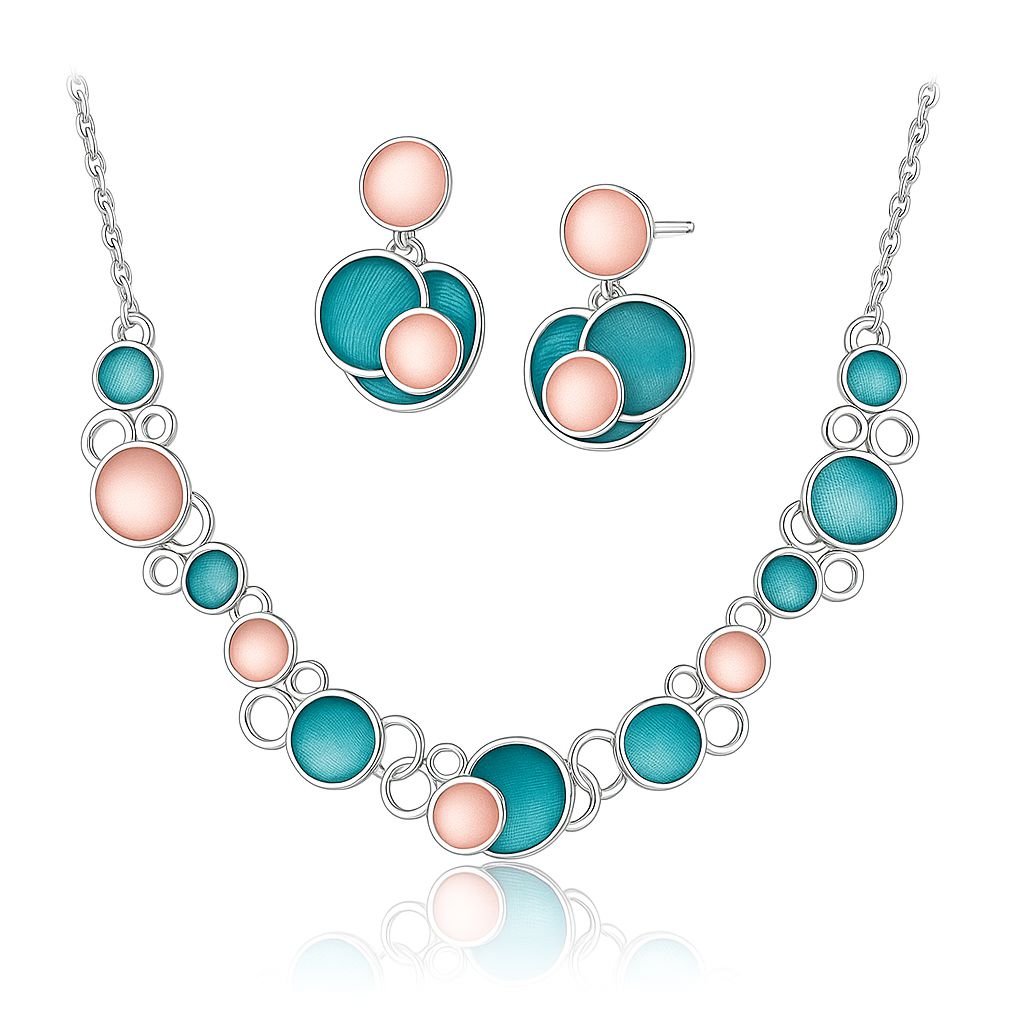 KC gold plated hand-painted enamel necklace and earring set on white background