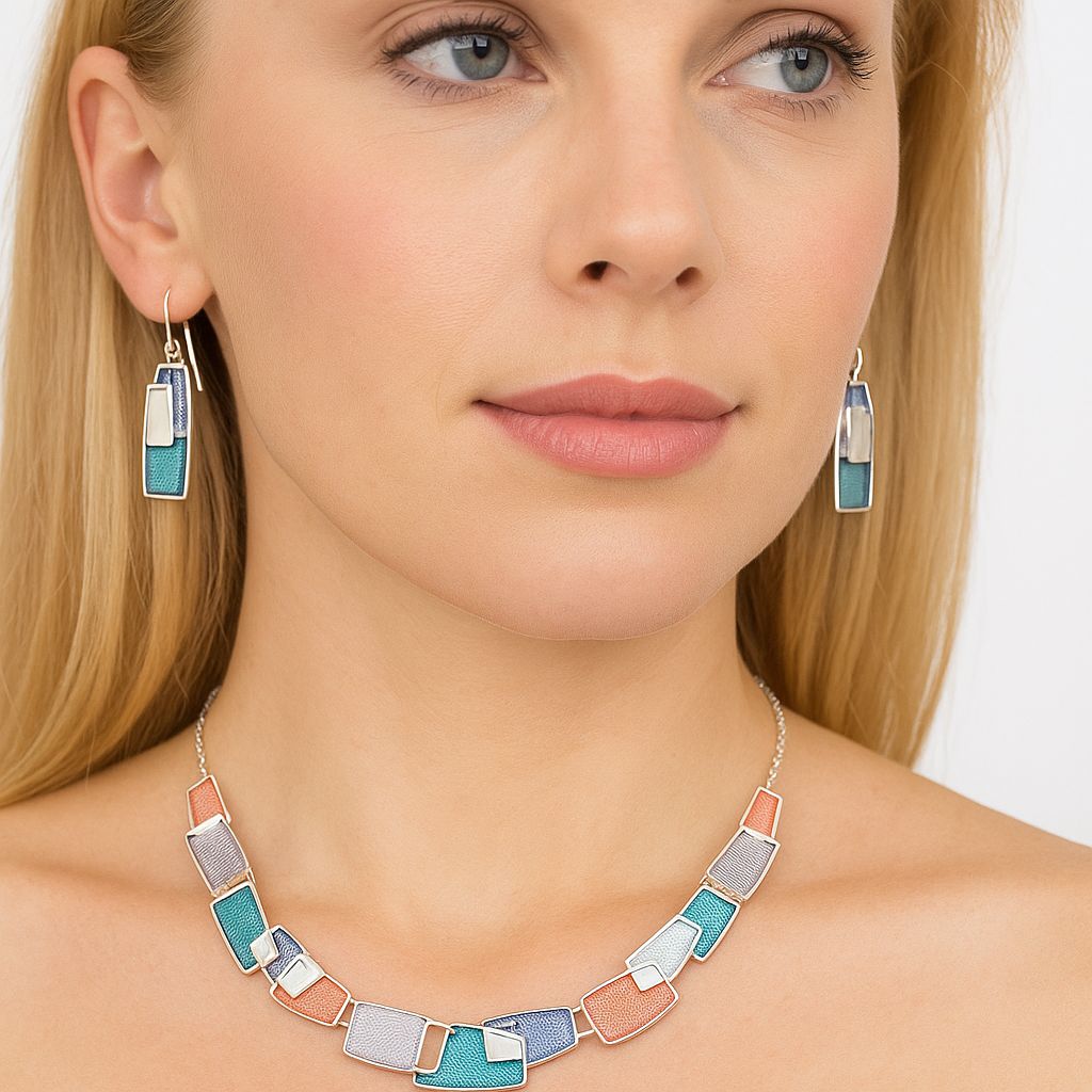 KC gold plated enamel necklace earrings with geometric color block design