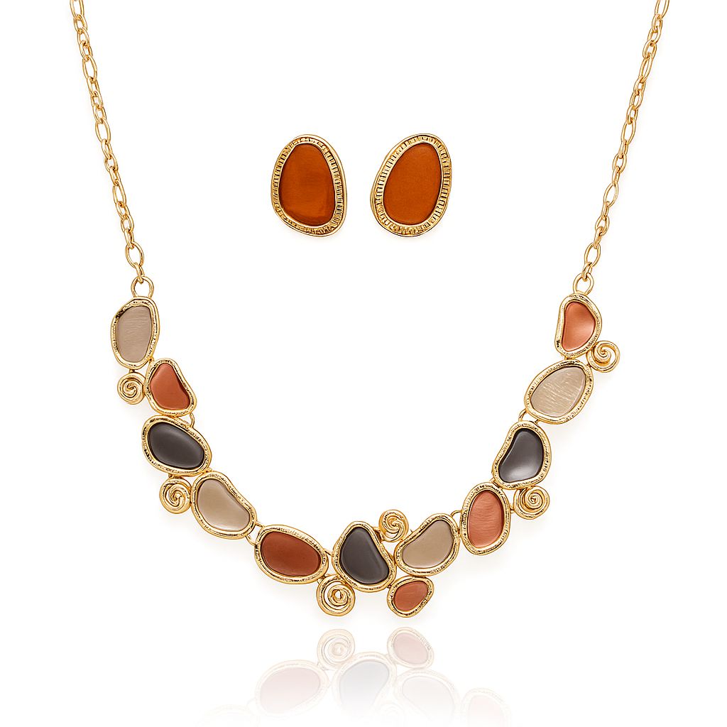 KC gold plated enamel necklace and earrings set with hand-painted details