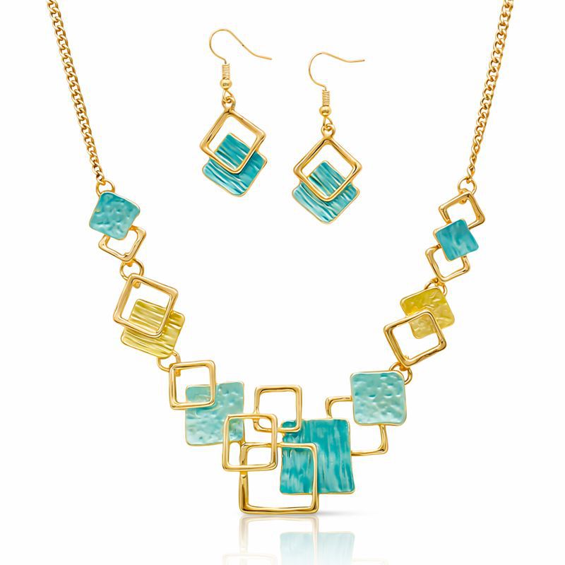 KC gold plated necklace and earrings set with hand painted enamel design