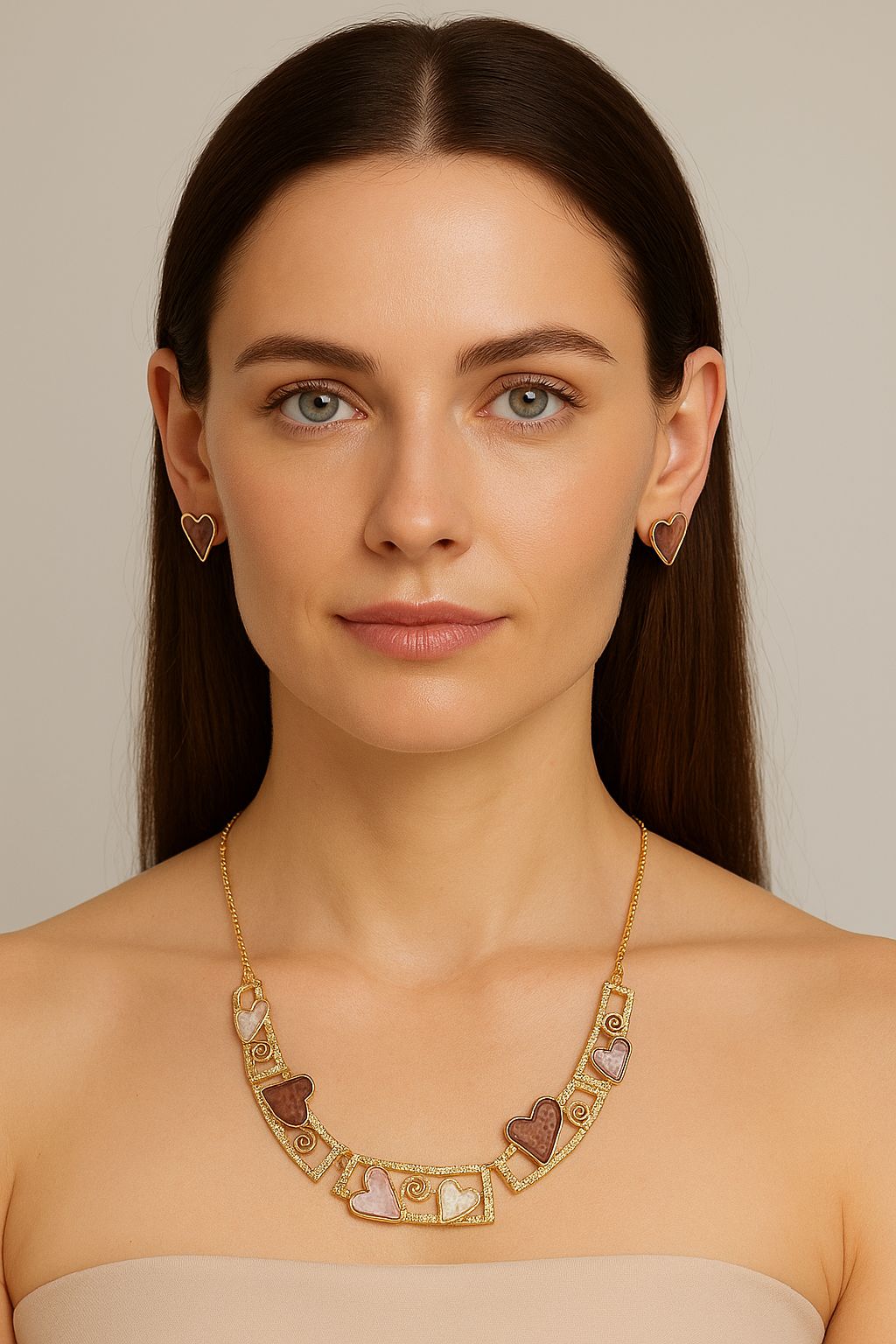 KC gold plated enamel necklace worn on model with artistic design