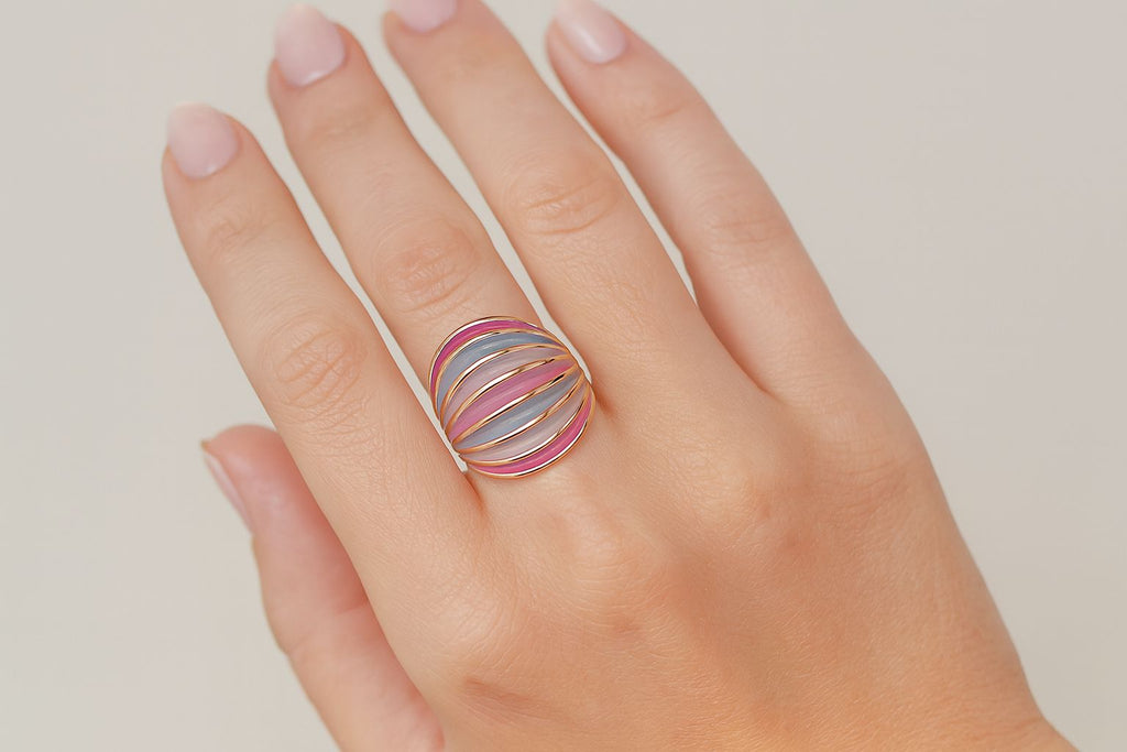 Close up of KC gold plated hand painted enamel ring texture