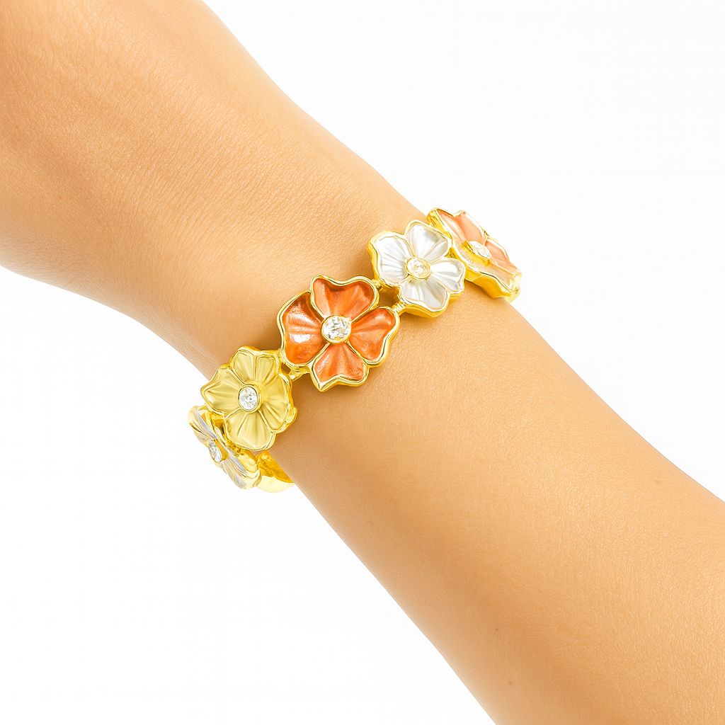 Women wearing gold floral bracelet hand-painted enamel design