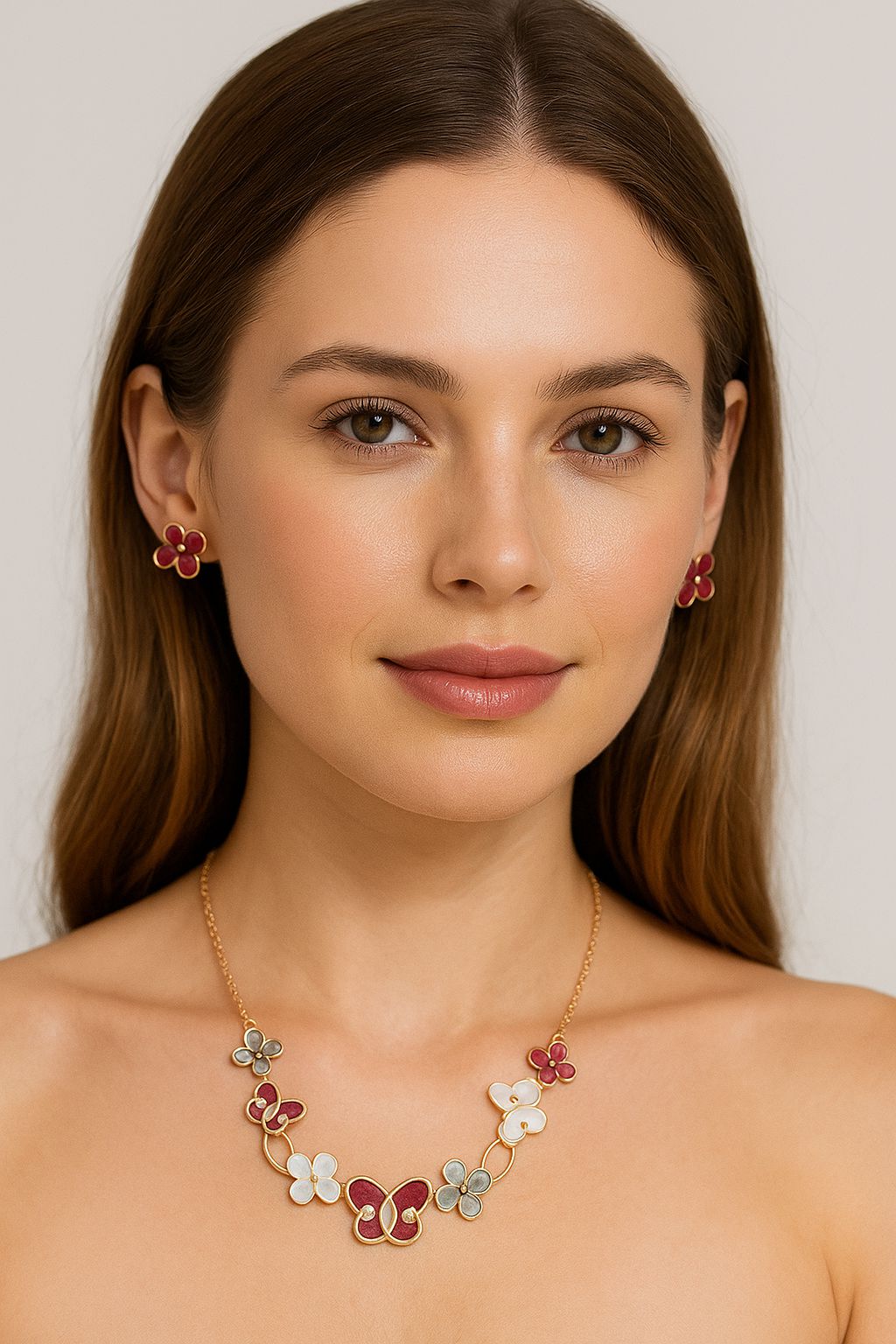 KC gold plated flower enamel necklace earrings with romantic design