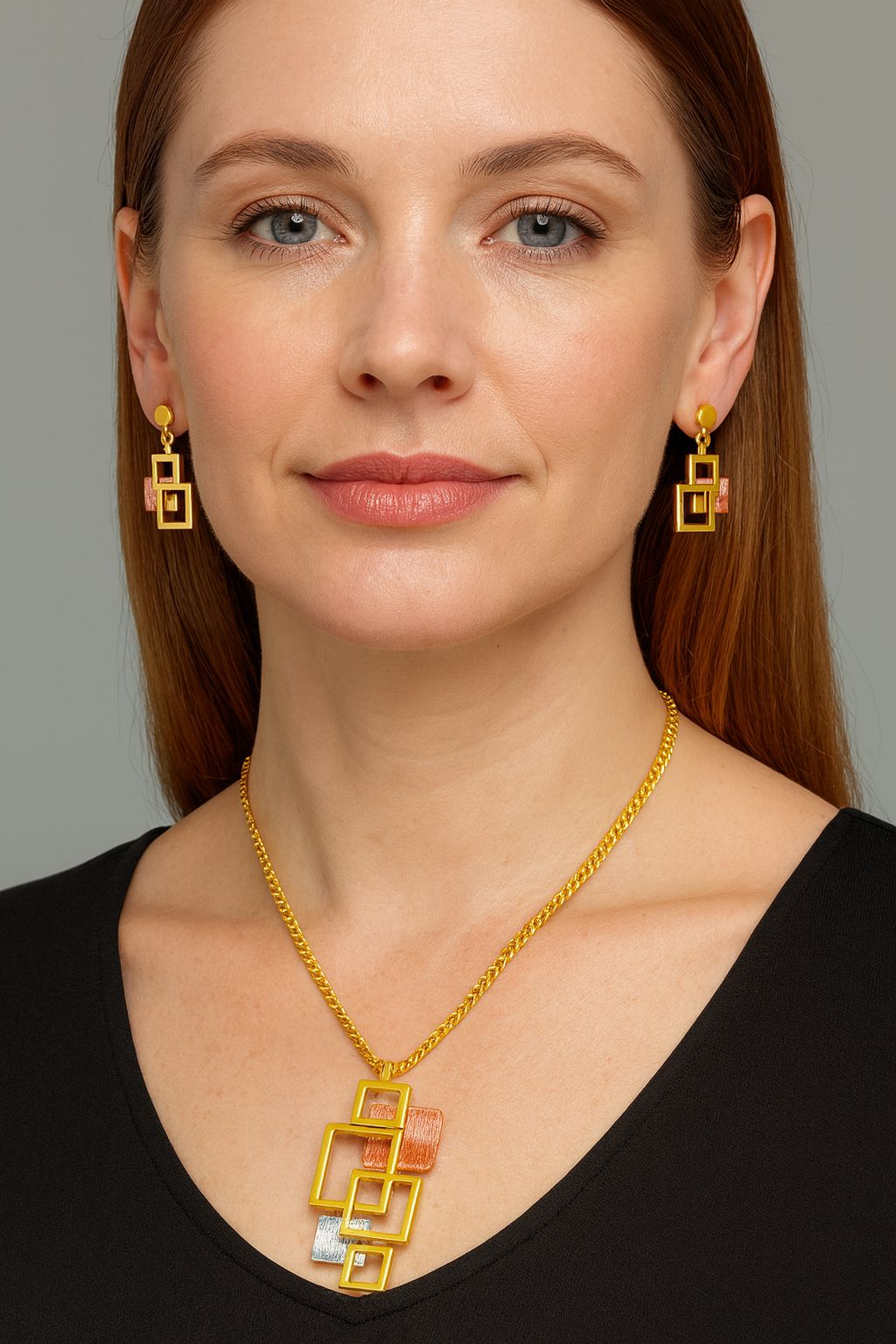 KC gold plated geometric earrings and necklace jewelry set