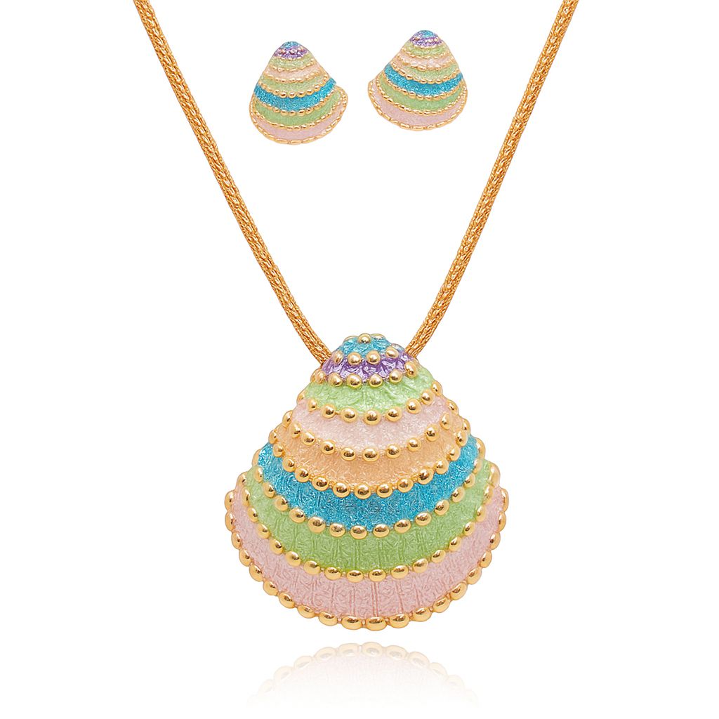 KC gold plated geometric enamel necklace and earrings set with hand painted pastel details on white background