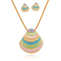 KC gold plated geometric enamel necklace and earrings set with hand painted pastel details on white background