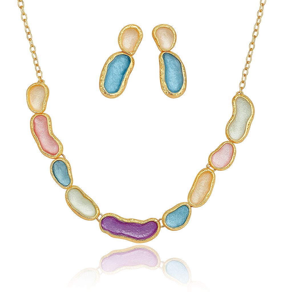 Hand-painted enamel necklace and earrings set with KC gold plating on white background