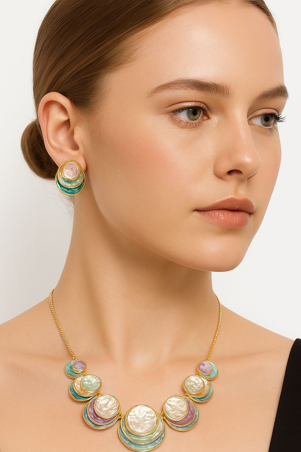 Hand painted enamel necklace and earrings set worn by model