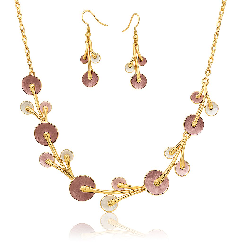 KC gold plated hand-painted enamel necklace and earrings set on white background