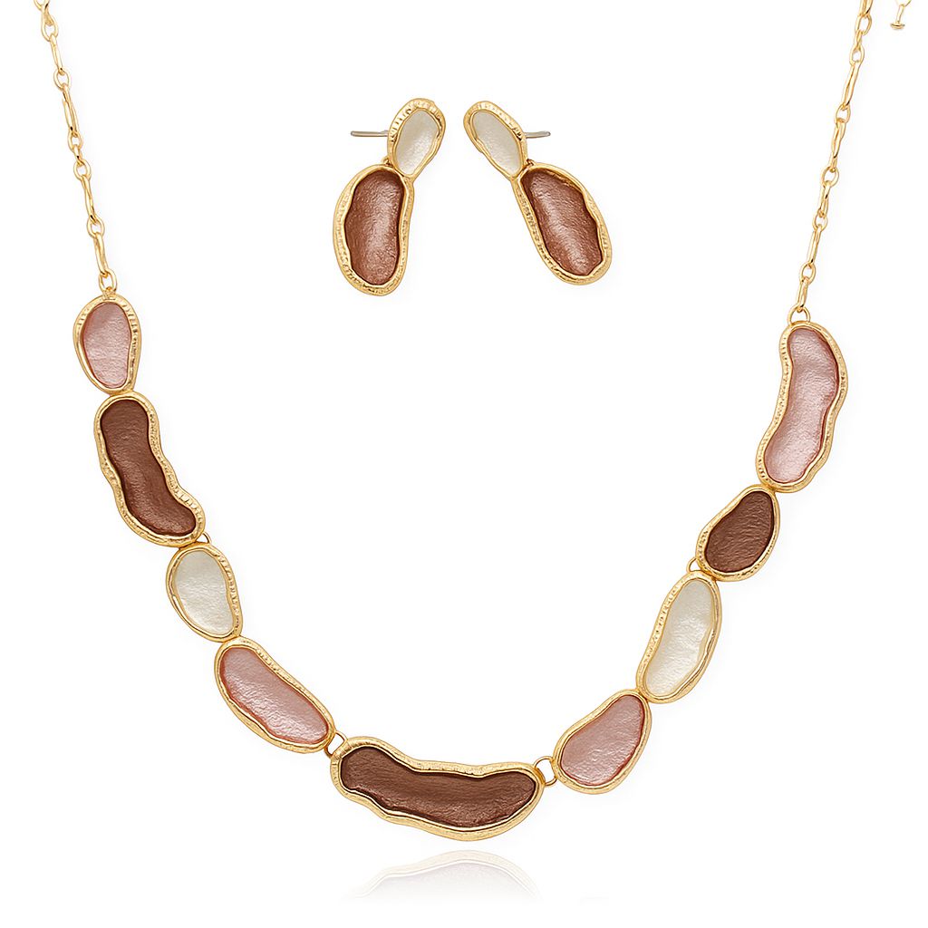 KC gold plated hand-painted enamel necklace and earrings set on white background
