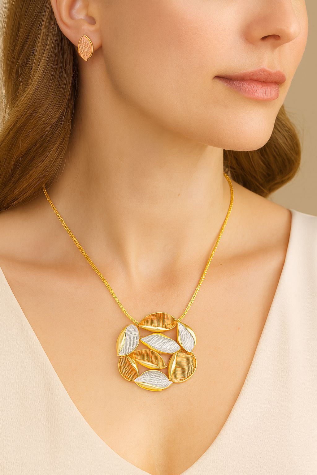 Close-up of hand-painted textured oval pendant with gold finish