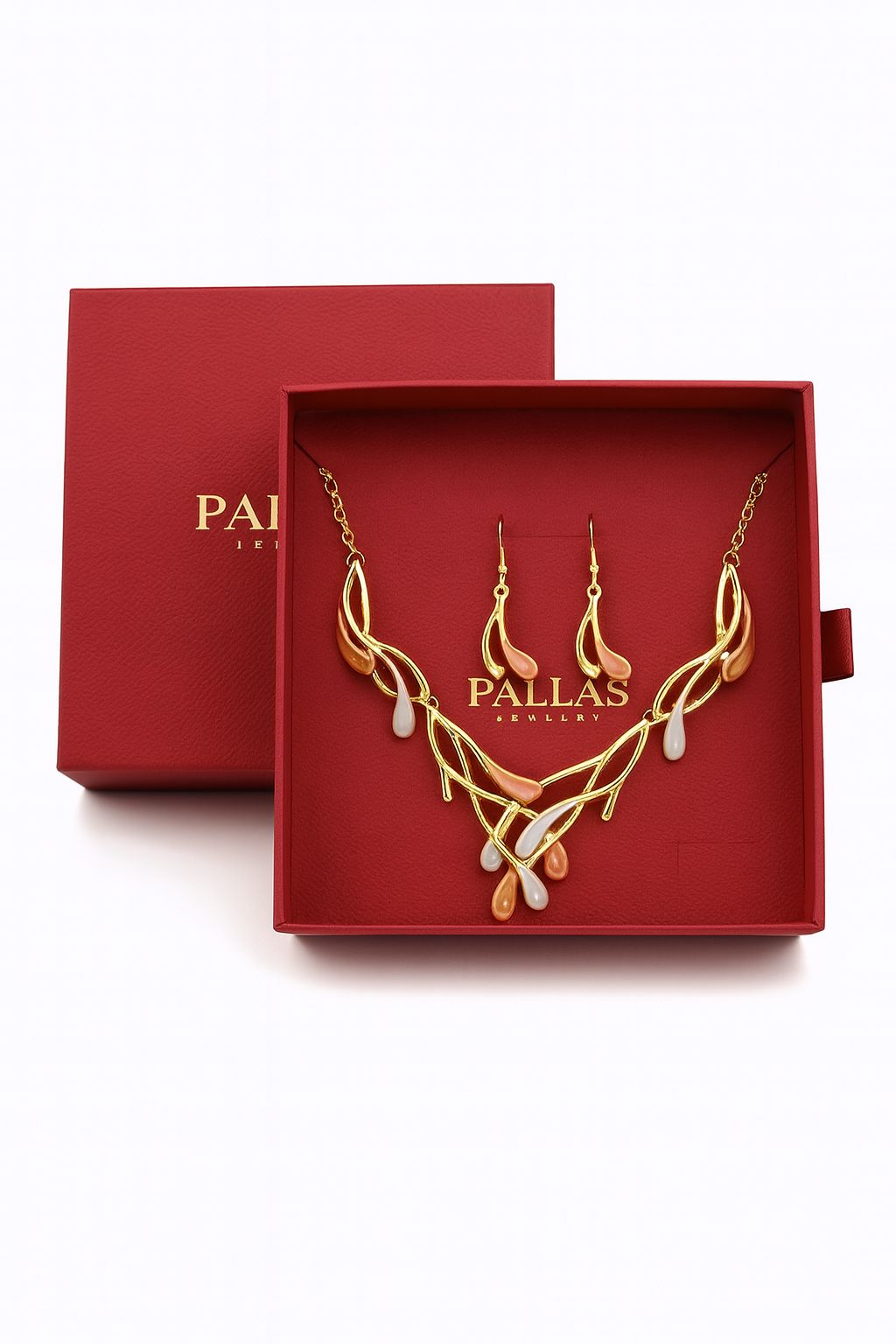 Model wearing gold plated branch necklace and earrings