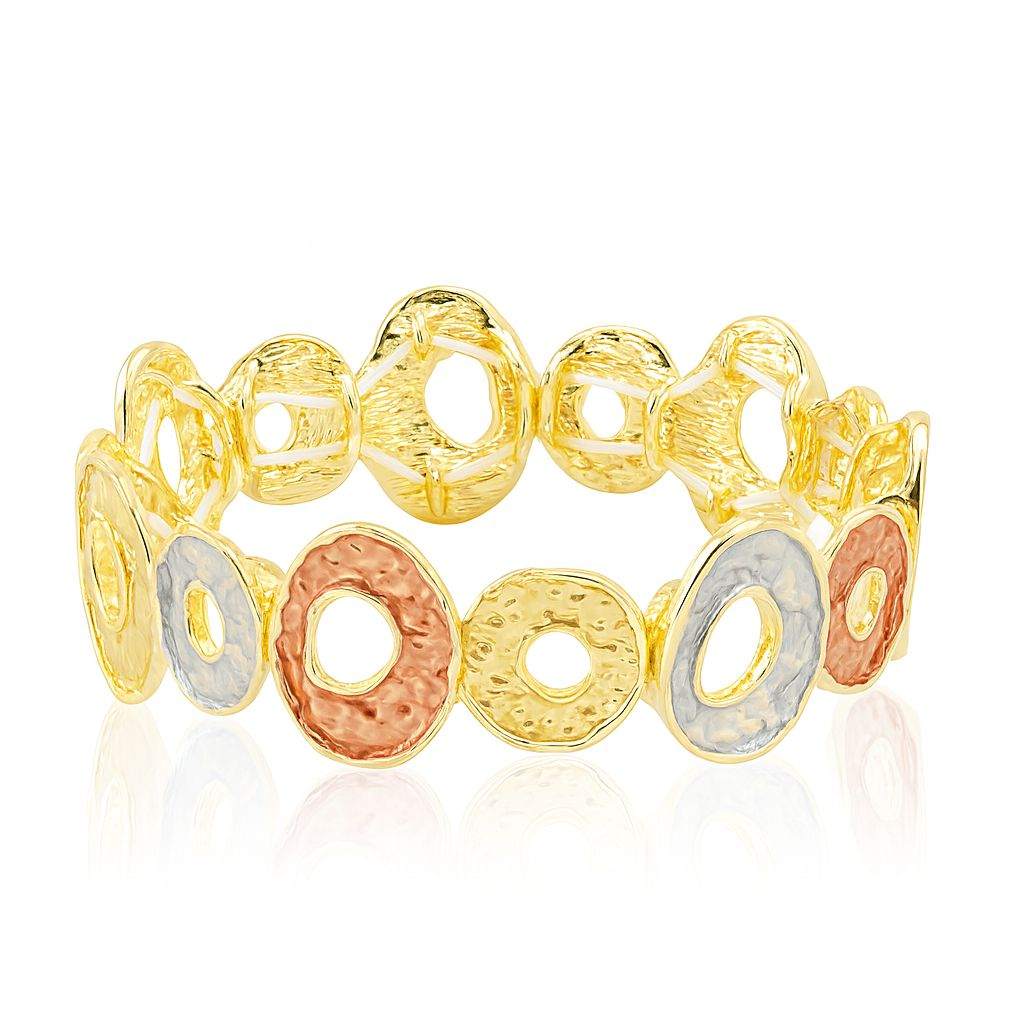 KC gold plated multi-tone oval open circle textured link bracelet for women