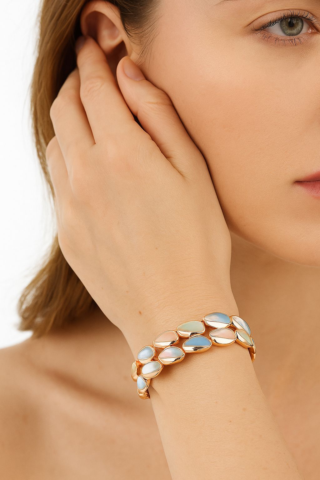 KC gold plated bracelet with multicolor enamel petals close-up