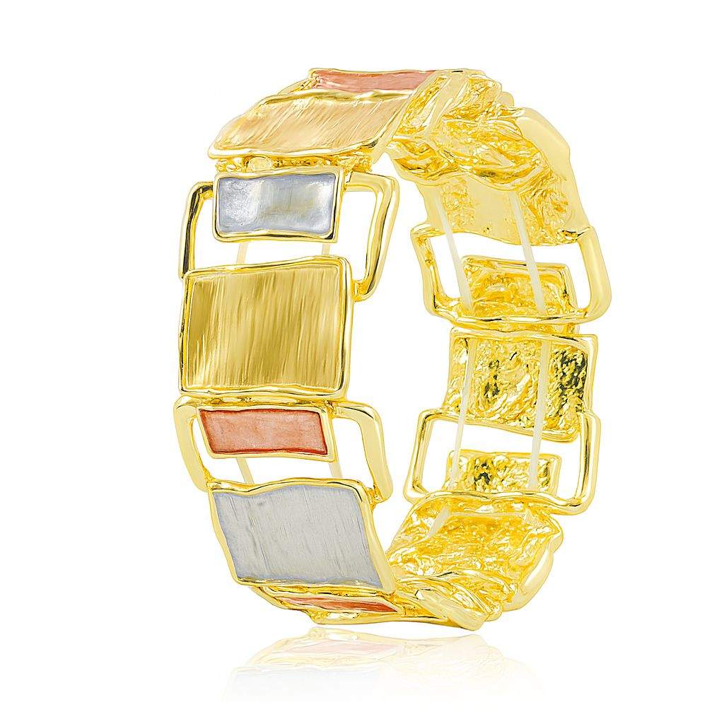 Gold-plated rectangle bracelet with multicolor hand-painted geometric charms in gold, coral, and silver tones