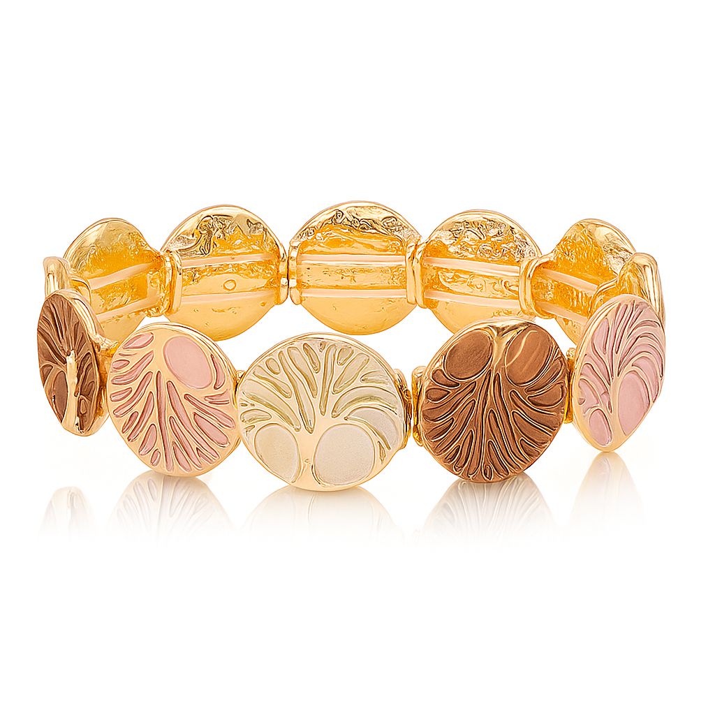Side view of textured round charm bracelet in gold plating