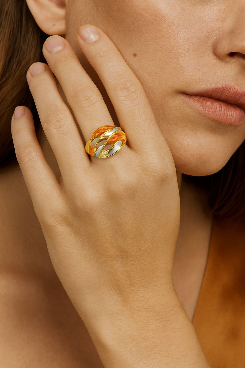 Hand-painted enamel sculptural ring with gold-plated finish